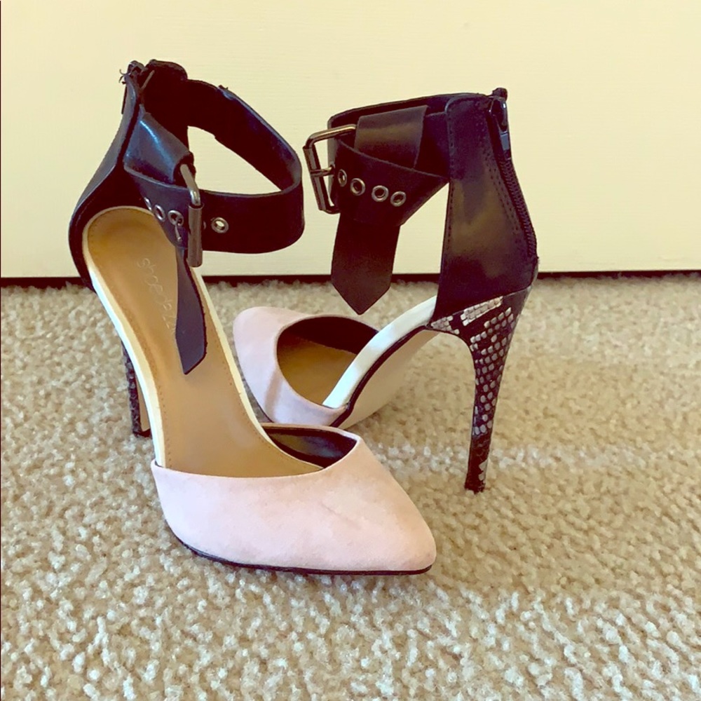 Shoe Dazzle Two-Tone Pink and Black Ankle Strap Stiletto Heels
